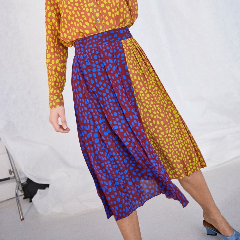 WHIT Mateo Yellow & Blue Patterned Silk Skirt | Size 4 | NWT